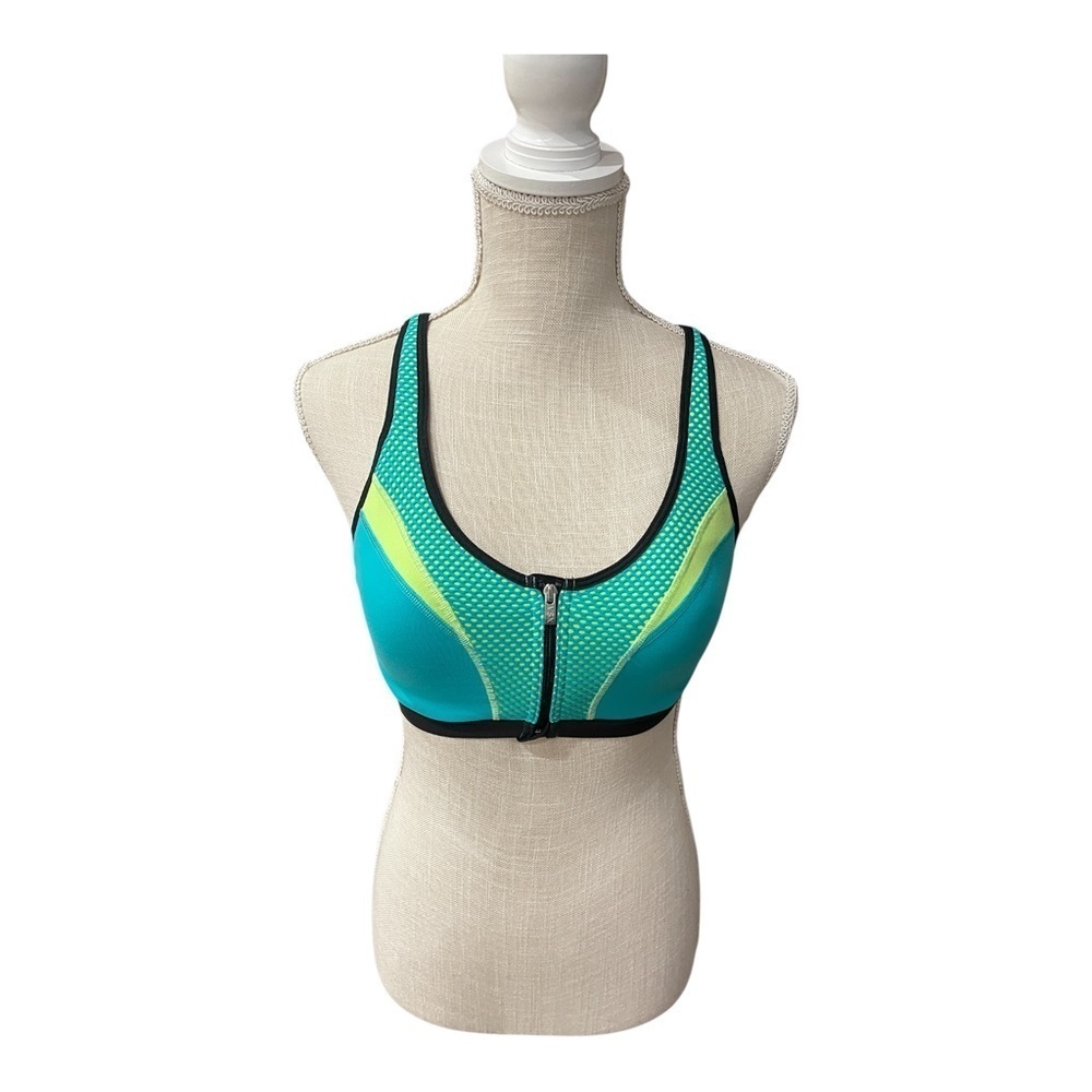 Victoria’s Secret VSX Sport Teal Yellow Front Zip Racer Back Sports Bra size 34C
